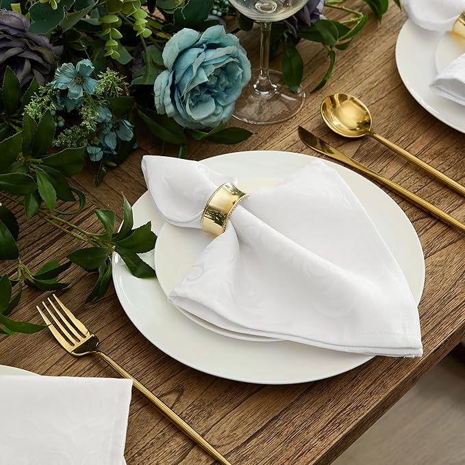 Newbridge Barcelona Luxury Damask Fabric Tablecloth, 52” Wide x 52” Square, White, 100% Polyester, No Iron, Soil Resistant Dining Room, Party and Banquet Table Cover