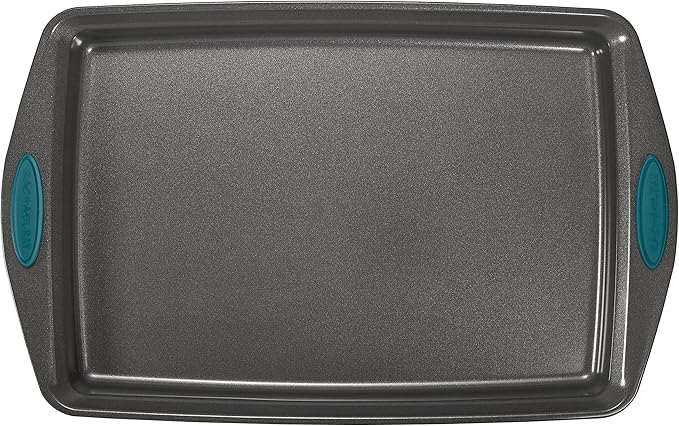 Rachael Ray Nonstick Bakeware Set with Grips includes Nonstick Bread / Baking Pans, Cookie / Baking Sheet and Cake Pans - 10 Piece, Gray with marine blue grips
